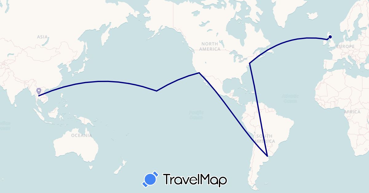 TravelMap itinerary: driving in Argentina, United Kingdom, Thailand, United States (Asia, Europe, North America, South America)